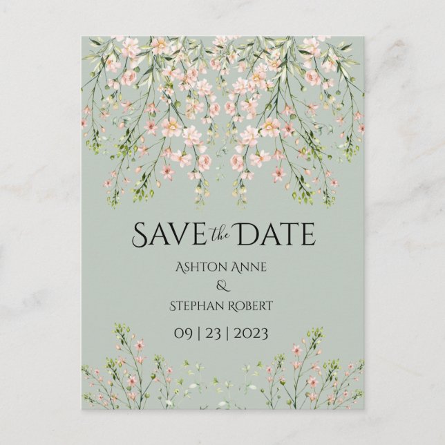 Carte Postale Faire-part Fleurs sauvages élégantes vert sauge rose mariage  (Devant)