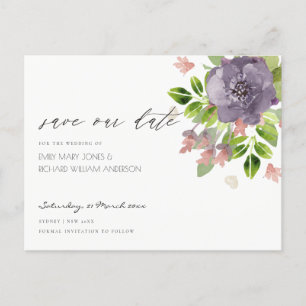 Carte Postale Faire-part FLEURS SAUVAGES ET FOLIAGE RUSTIQUE VIOLET Enregis