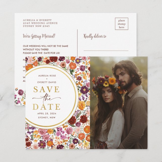 Carte Postale Faire-part Fleurs sauvages lumineuses d'automne Mariage Photo (Devant / Derrière)