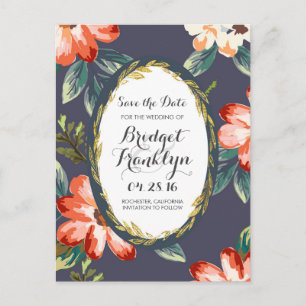 Carte Postale Faire-part fleurs vintage navy et or save the date