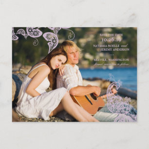 Carte Postale Faire-part Fleurs Vintage Paon Violet Photo Save The Date