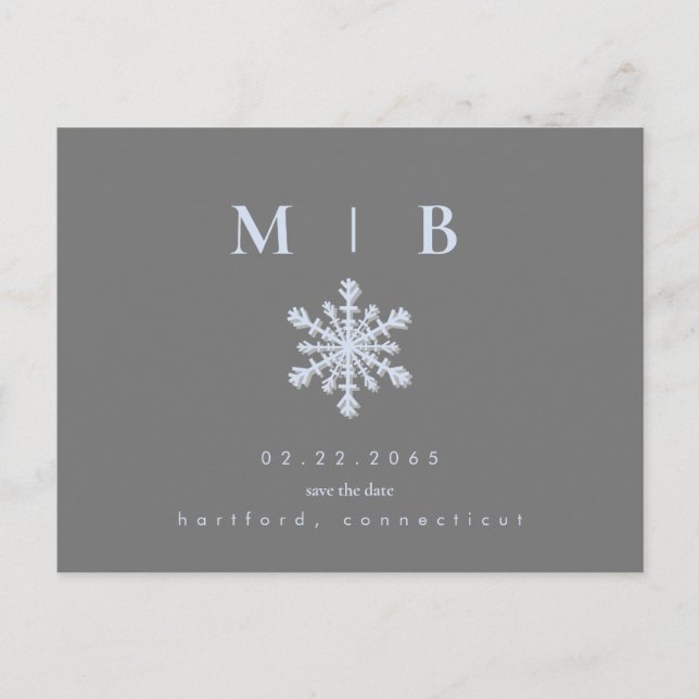 Carte Postale Faire-part Flocon de neige gris/glace bleu Monogramme Enregis (Devant)