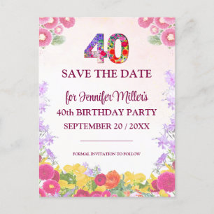 Carte Postale Faire-part Floral 40e Anniversaire Économisez La Date - Paste