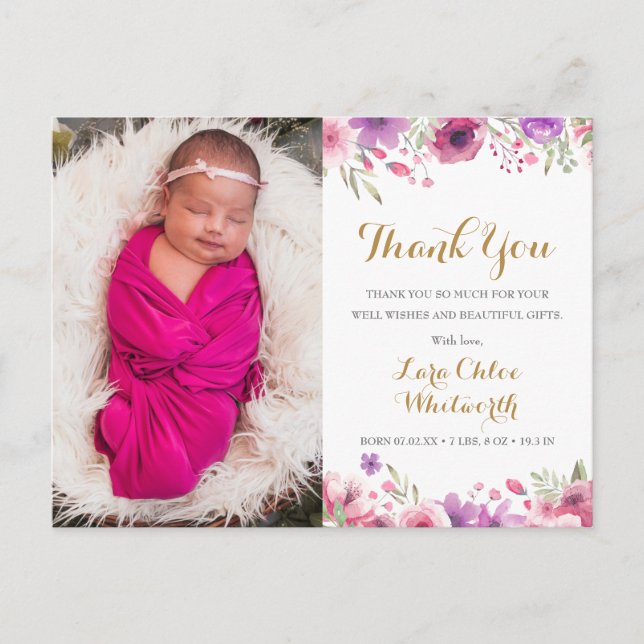 Carte Postale Faire-part Floral Baby Girl Script photo Merci naissance (Devant)