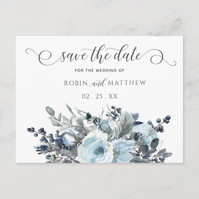 Carte Postale Faire-part Floral bleu Dusty, Script moderne, Enregistrer la  (Devant)