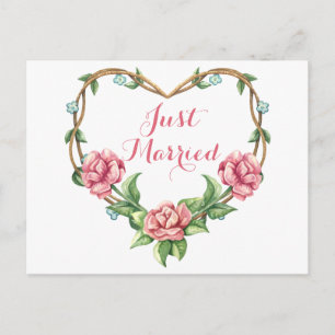 Carte Postale Faire-part Floral Just Married Watercolor Rose Mariage