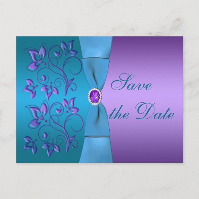 Carte Postale Faire-part Floral pourpre et turquoise Enregistrer la date (Devant)