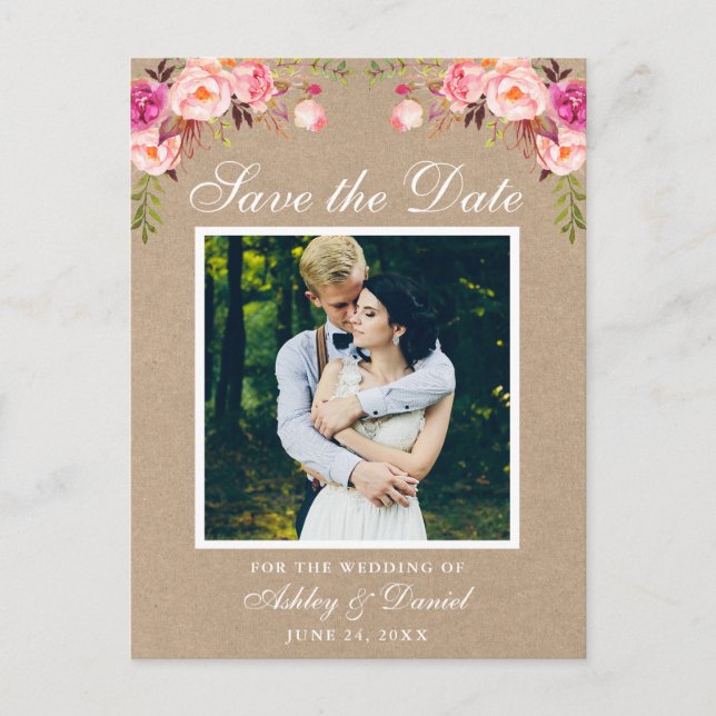 Carte Postale Faire-part Floral rose Enregistrer la date Photo Kraft (Devant)