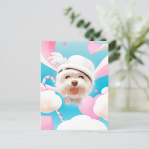 Carte Postale Faire-part Fluffy Dog avec Casquette blanc