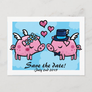 Carte Postale Faire-part Flying Pig Bride and Groom enregistrer la date car
