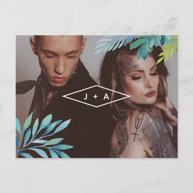 Carte Postale Faire-part Foliage D'Aquarelle Tropicale Enregistrer La Date (Devant)