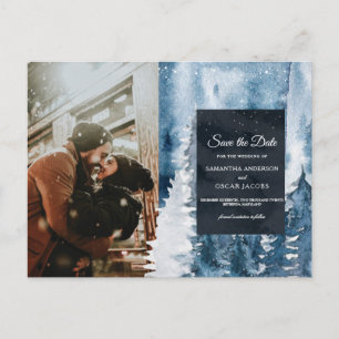 Carte Postale Faire-part Forêt aquarelle hivernale & Bleu marine & Annonce 