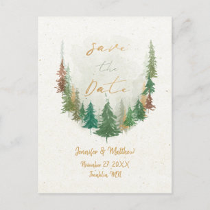 Carte Postale Faire-part Forêt de pins d'aquarelle Sauvez la date