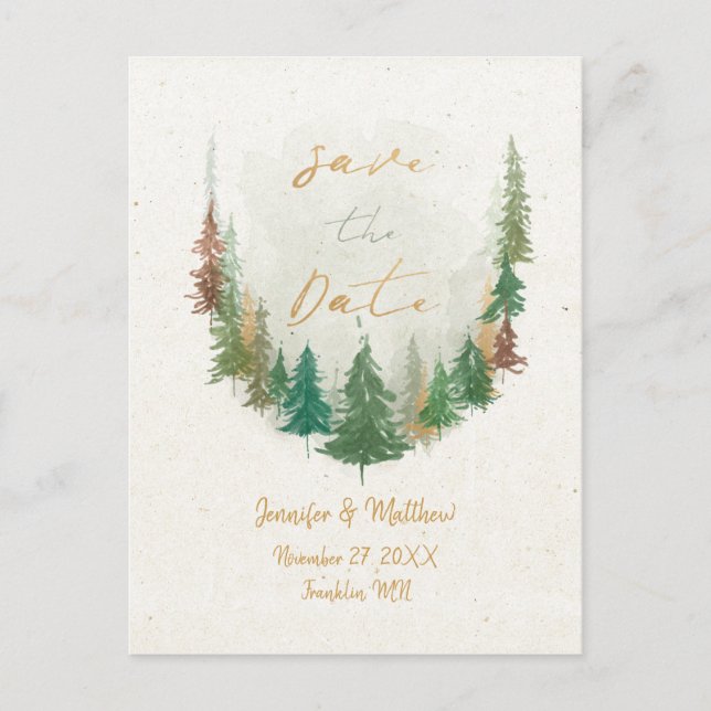 Carte Postale Faire-part Forêt de pins d'aquarelle Sauvez la date (Devant)