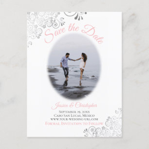 Carte Postale Faire-part Frills d'argent avec photo mariage rose Enregistre