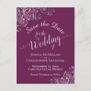 Carte Postale Faire-part Frills d'argent Cassis Mariage violet Enregistrer 