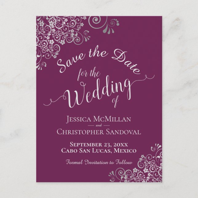 Carte Postale Faire-part Frills d'argent Cassis Mariage violet Enregistrer  (Devant)