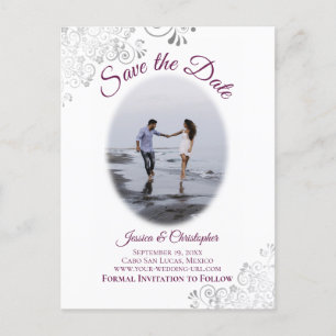 Carte Postale Faire-part Frills d'argent Magenta Photo Wedding Enregistrer 