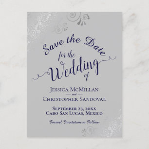 Carte Postale Faire-part Frills d'argent sur la marine et mariage gris Enre