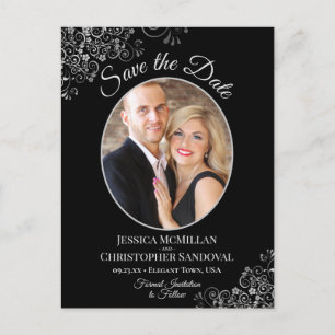 Carte Postale Faire-part Frills d'argent sur Noir Mariage Enregistrer la ph