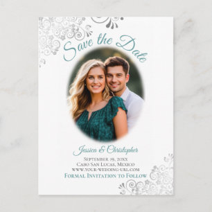Carte Postale Faire-part Frills en argent avec photo Mariage Turquoise Enre
