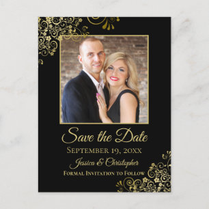 Carte Postale Faire-part Frills or sur Noir Mariage Enregistrer la photo Da
