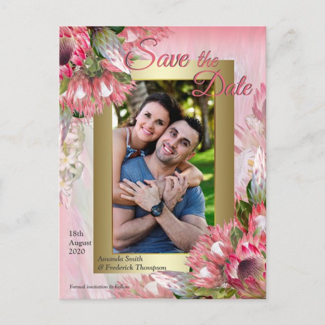 Carte Postale Faire-part Fuchsia Protea's avec Blush & Gold Enregistrer la  (Devant)