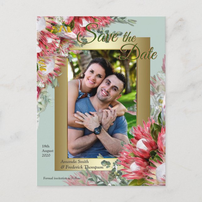 Carte Postale Faire-part Fuchsia Protea's avec Green & Gold Enregistrer la  (Devant)