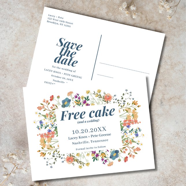 Carte Postale Faire-part Funny Free Cake Fleurs sauvages mariage Enregistre (Funny Free Cake Wildflowers Wedding Save the Date)