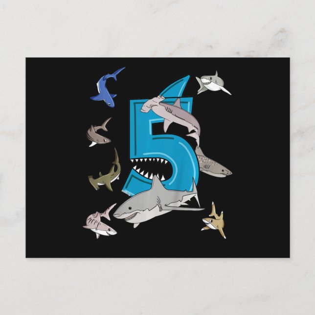 Carte Postale Faire-part Garçons 5ème Anniversaire Requin Requin Blanc (Devant)