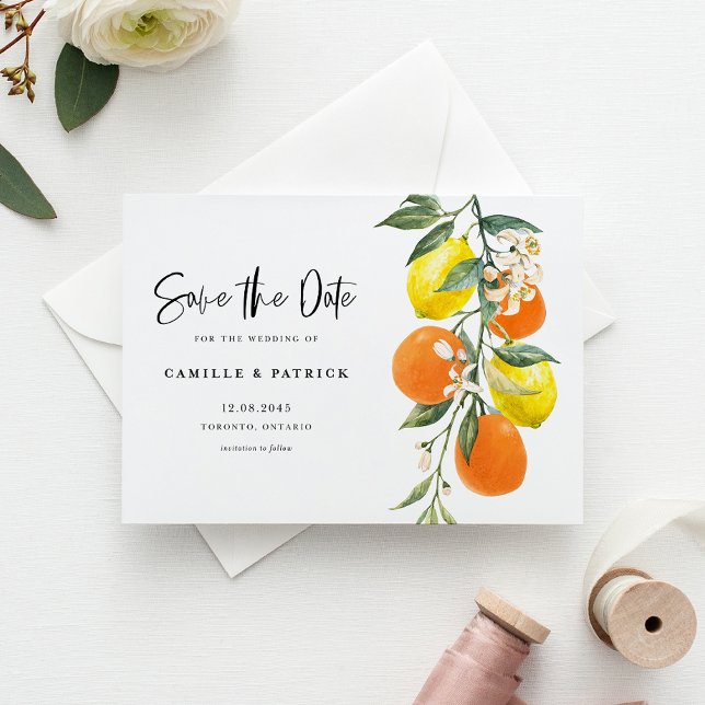 Carte Postale Faire-part Garland d'orange botanique et de citron Enregistre (Botanical Orange and Lemon Garland Save the Date Announcement Postcard)