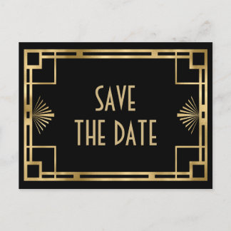 Carte Postale Faire-part Gatsby chic Art Déco noir et or