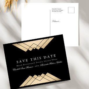 Carte Postale Faire-part Gatsby Géométrique Noir Or Enregistrer La Date