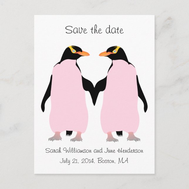 Carte Postale Faire-part Gay Sauvez la date, pingouins roses (Devant)