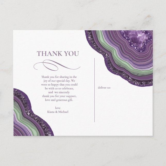 Carte Postale Faire-part Geode d'agate Paillettes Merci Violet ID647 (Devant)