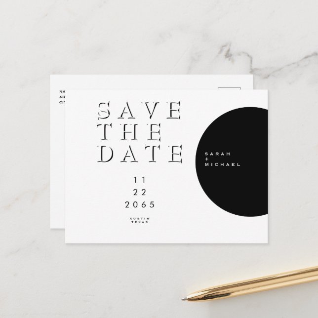 Carte Postale Faire-part Géométrique Moderne Noir & Blanc Save the Date (Devant/Arrière en situation)