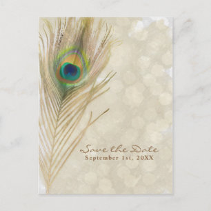 Carte Postale Faire-part Glam en plume de paon exotique or Enregistrer la d