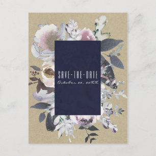 Carte Postale Faire-part Glam floral rustique Marine Kraft Sauvez la date