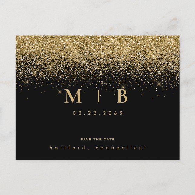 Carte Postale Faire-part Glam Gold Monogramme Noir Enregistrer la date (Devant)