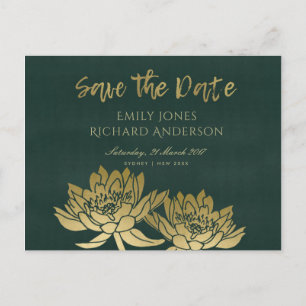 CARTE POSTALE FAIRE-PART GLAMOROUS OR VERT LOTUS FLORAL SAVE DATE