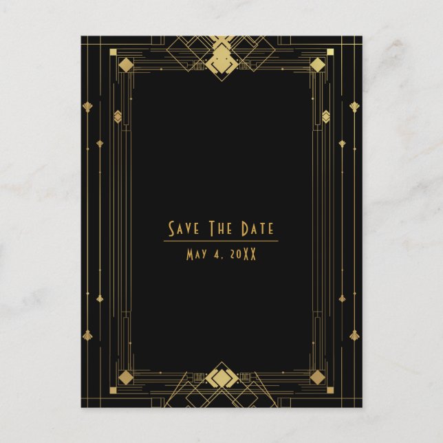 Carte Postale Faire-part Gold Black Deco Gatsby Roaring 20's Enregistrer la (Devant)