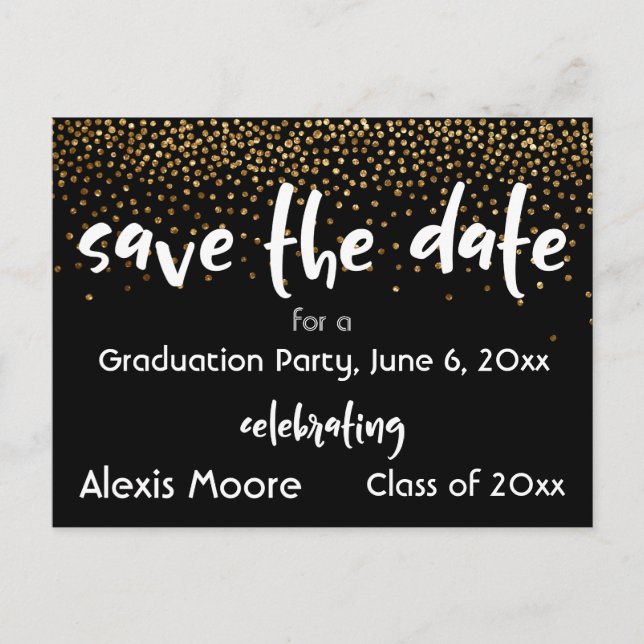 Carte Postale Faire-part Gold Confetti Black Graduation Party Enregistrer l (Devant)