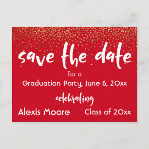 Carte Postale Faire-part Gold Confetti Red Graduation Party Enregistrer la 