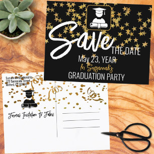 Carte Postale Faire-part Gold Confetti Top sur Black Custom Graduation