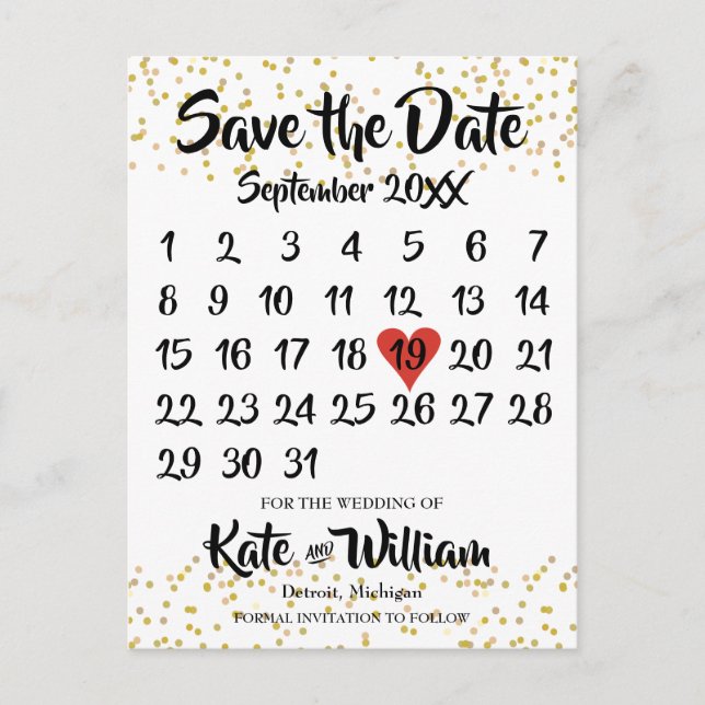 Carte Postale Faire-part Gold Dust Love Heart Calendrier Enregistrer la dat (Devant)