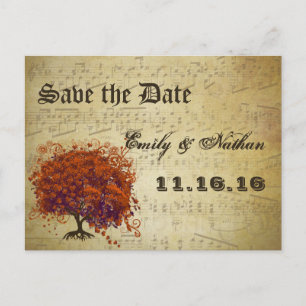 Carte Postale Faire-part Gold et Coral Heart Leaf Tree Enregistrer la date