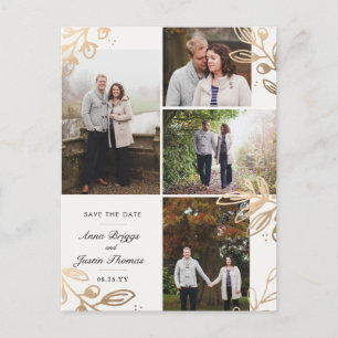 Carte Postale Faire-part Gold Feuilles 4 Photo Enregistrer la date