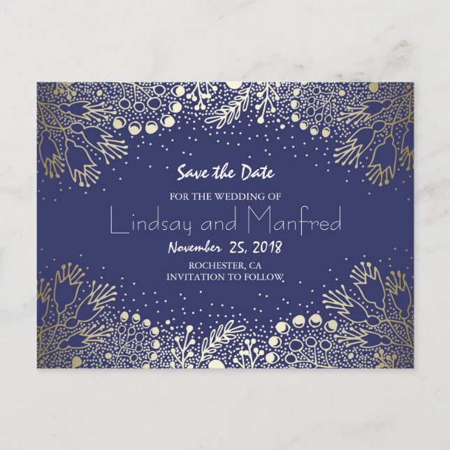 Carte Postale Faire-part Gold Floral - Wonderland Garden Enregistrer la dat (Devant)