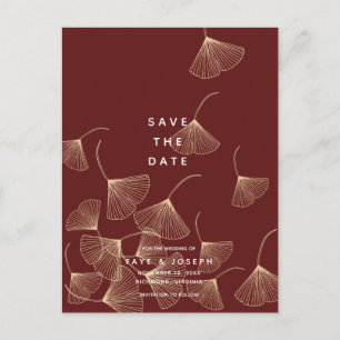Carte Postale Faire-part Gold Ginkgo Feuille Bourgogne Enregistrer la date
