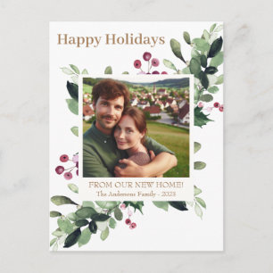 Carte Postale Faire-part Gold Happy Holiday Greenery Berries New Home